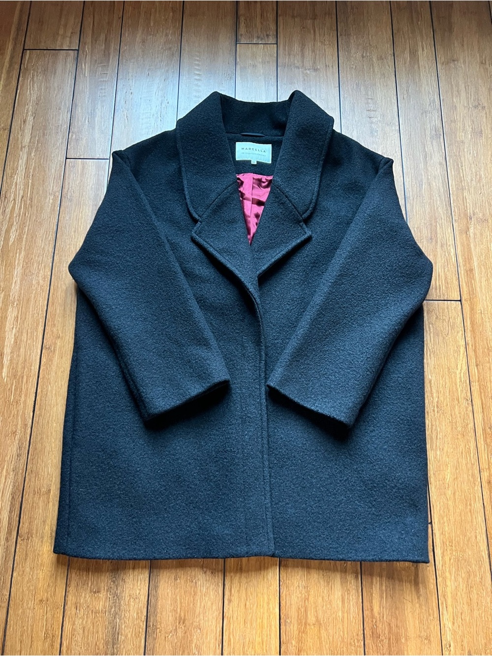 MARCELLA NYC Mackenzie Black Wool Coat with Burgundy Lining